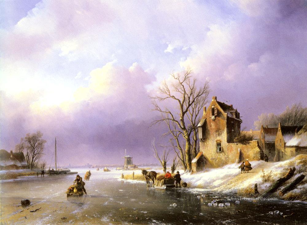 Winterlandschaft mit Figuren auf einem gefrorenen Fluss Jan Jacob Coenraad Spohler Ölgemälde